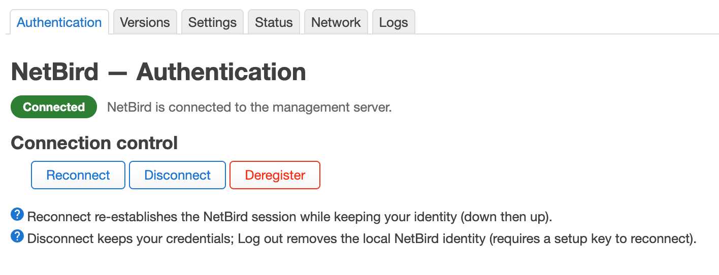 NetBird LuCI authentication — connected state