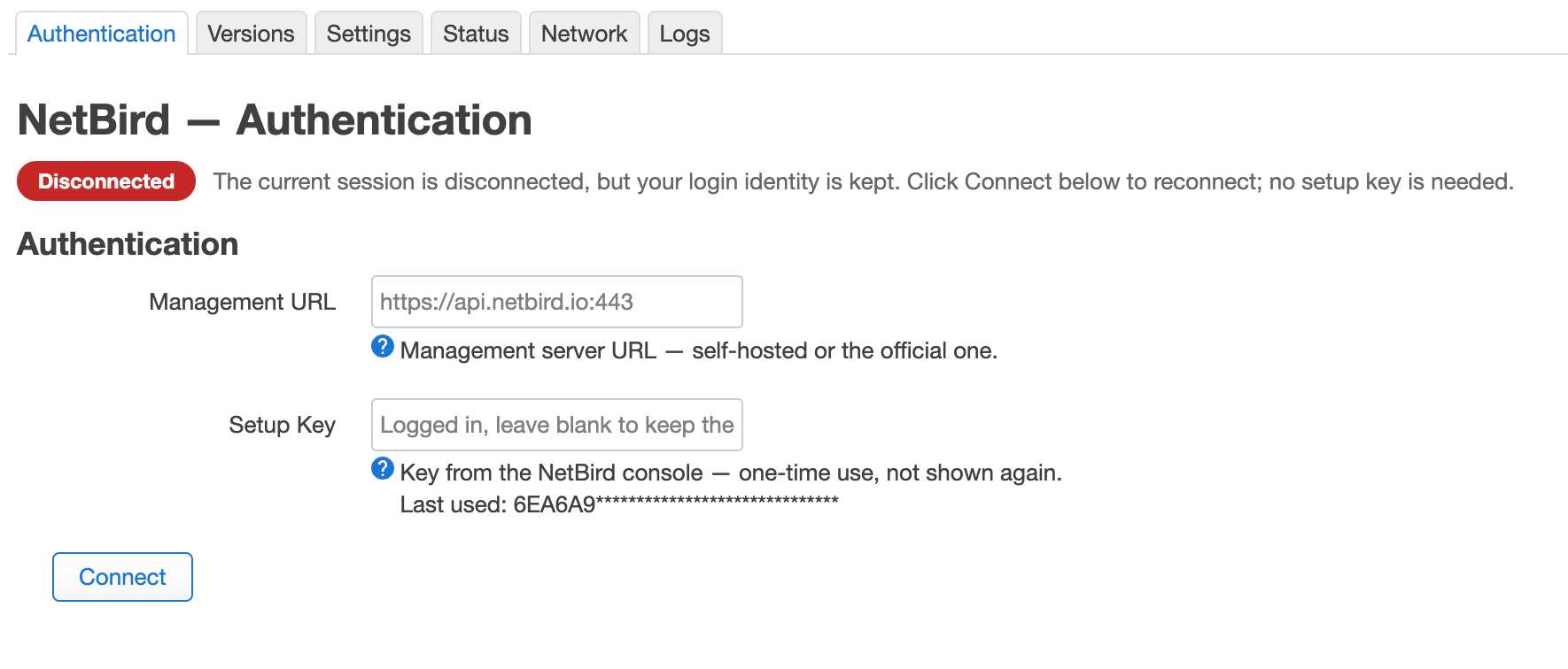 NetBird LuCI authentication — login dialog with setup key