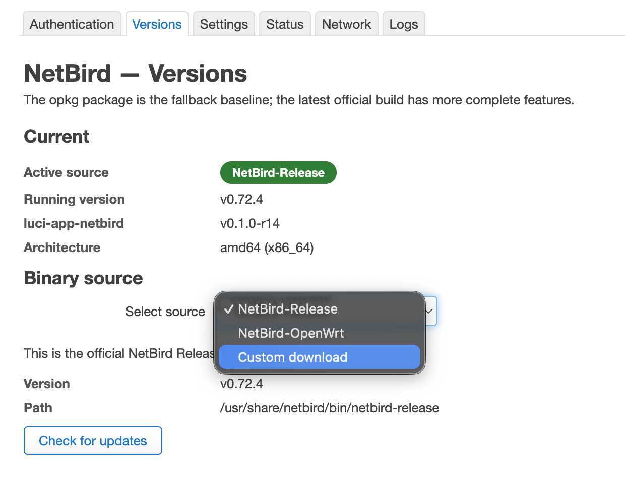 NetBird LuCI version management — select binary source