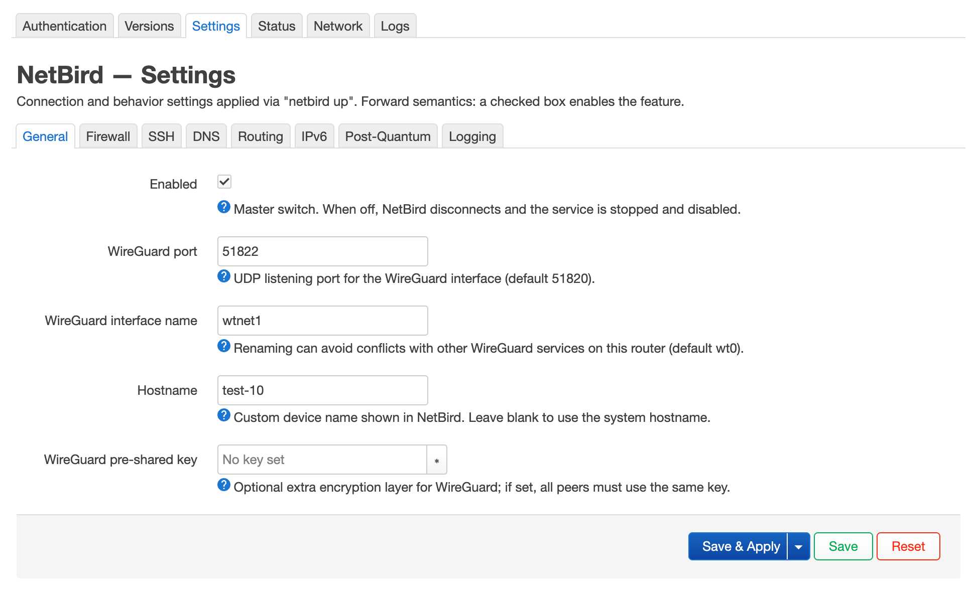 NetBird LuCI settings — WireGuard options