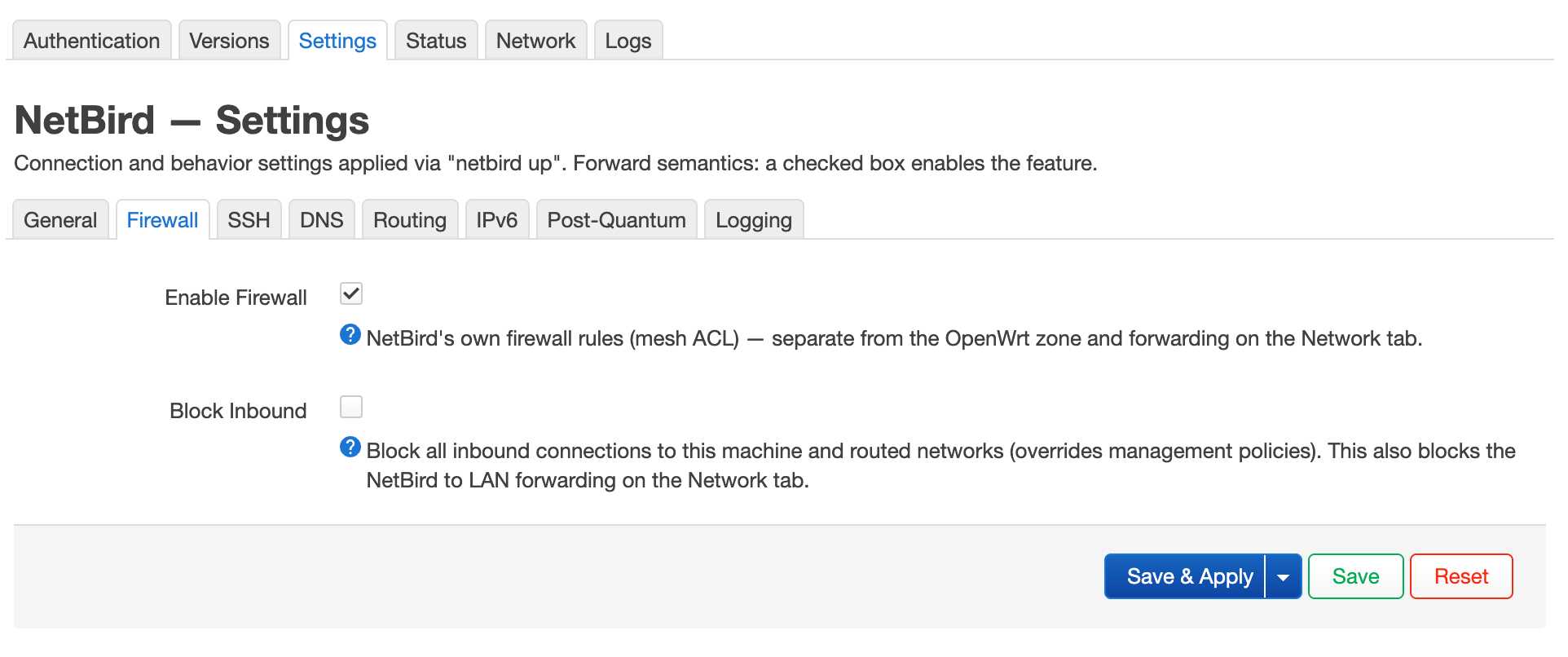 NetBird LuCI settings — routing and DNS configuration