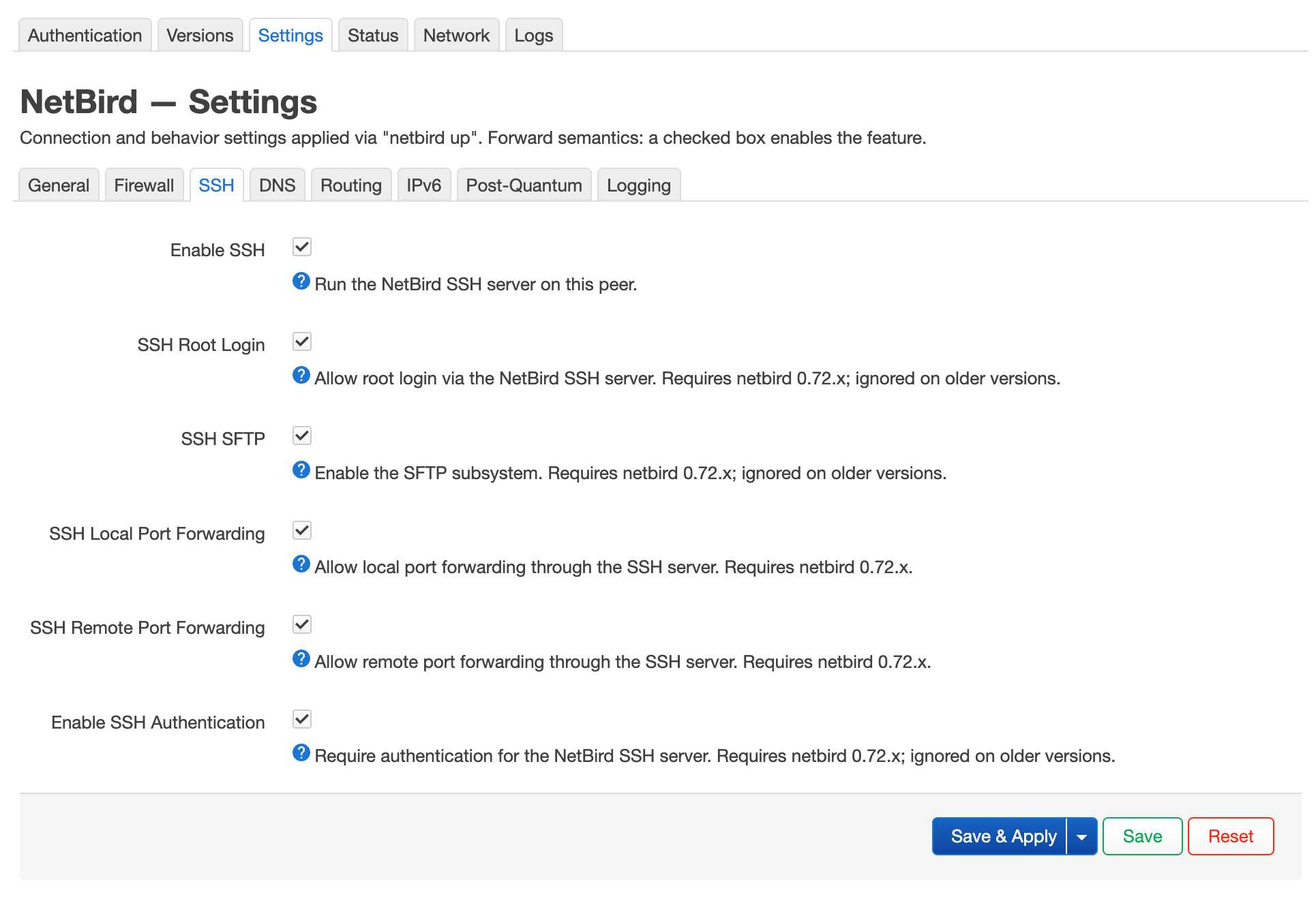 NetBird LuCI settings — SSH extensions