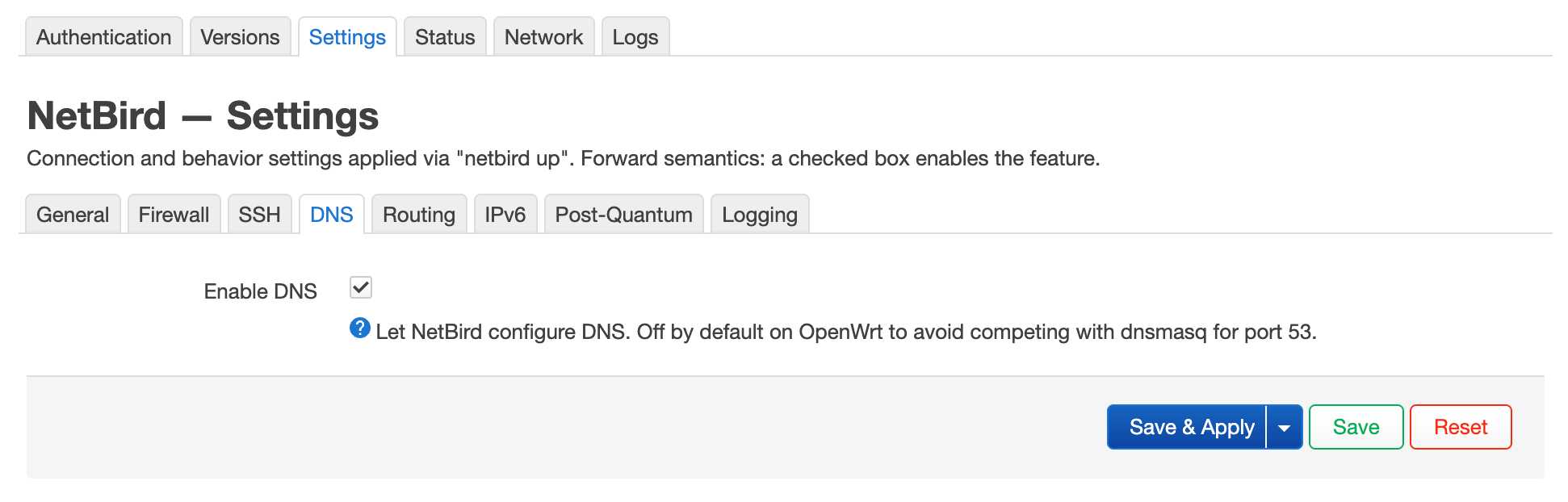 NetBird LuCI settings — IPv6 and Rosenpass