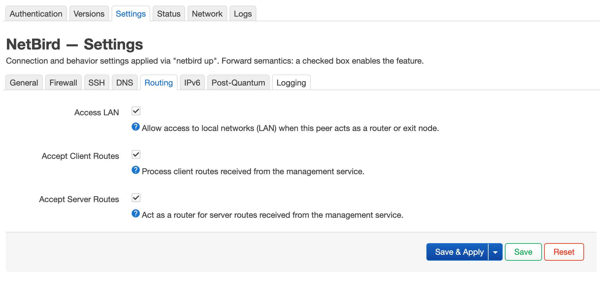 NetBird LuCI settings — log level and advanced