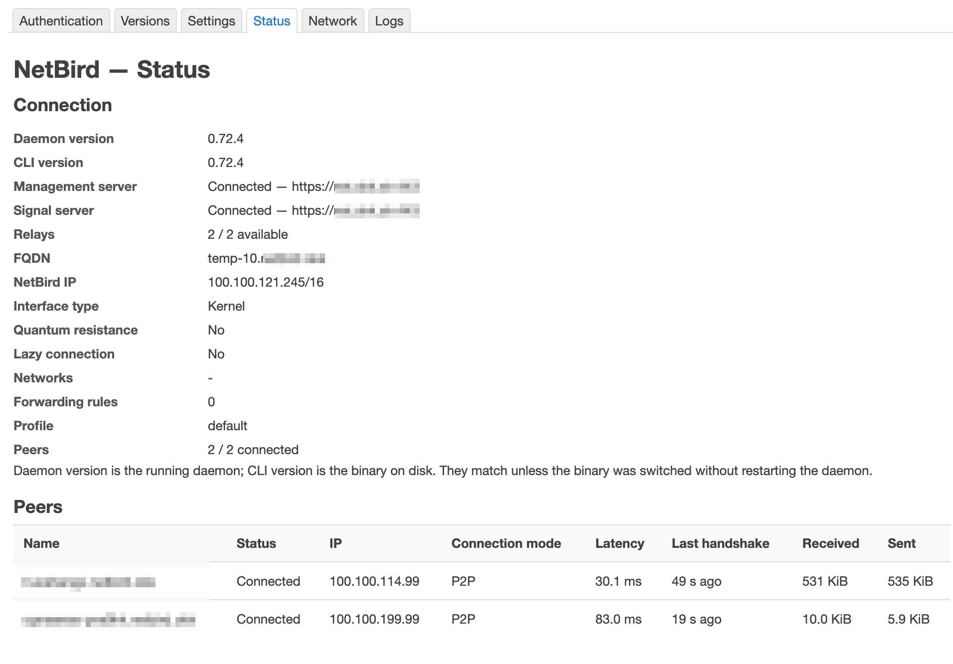 NetBird LuCI peer status — connected peers and IPs