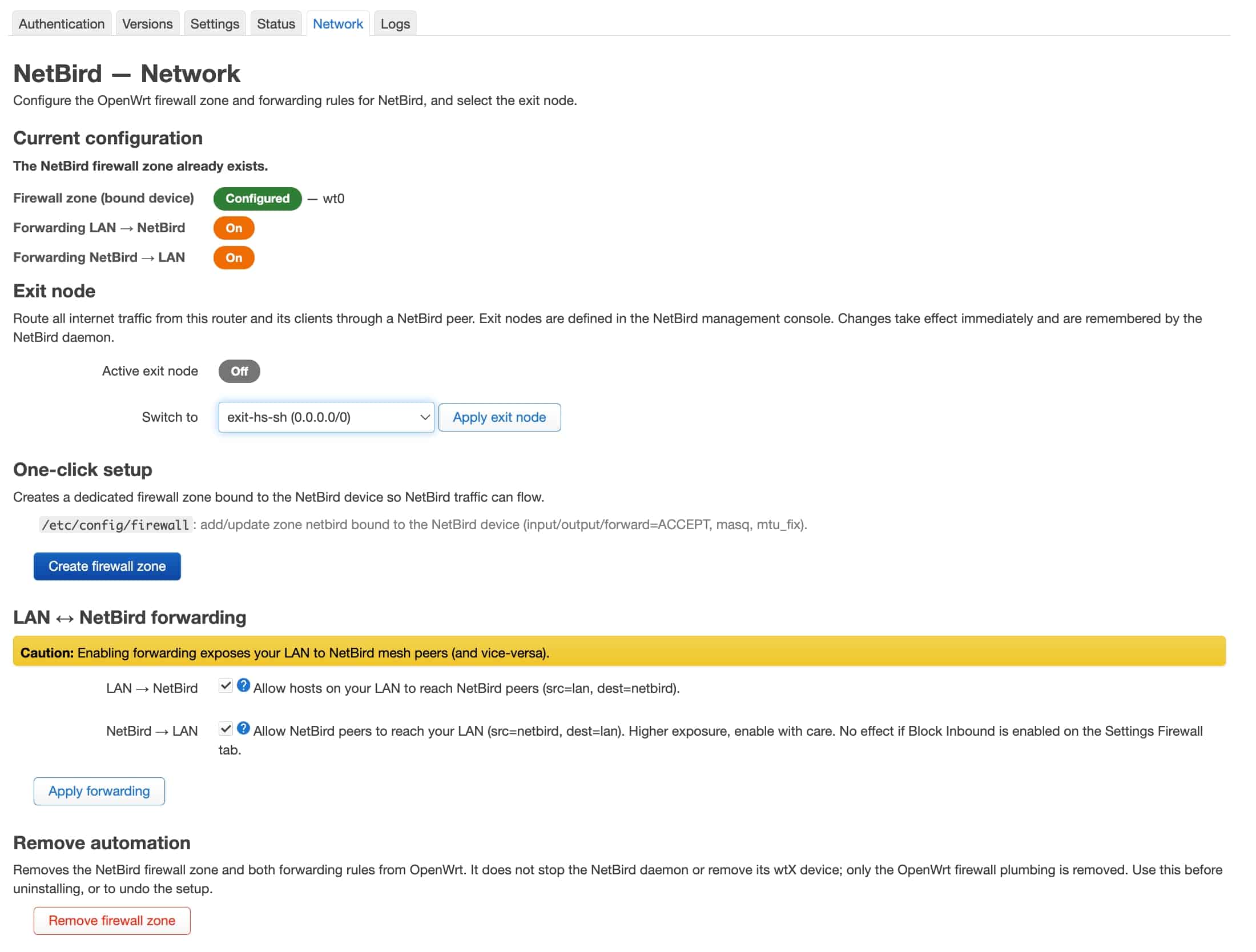 NetBird LuCI network — firewall zone and forwarding rules