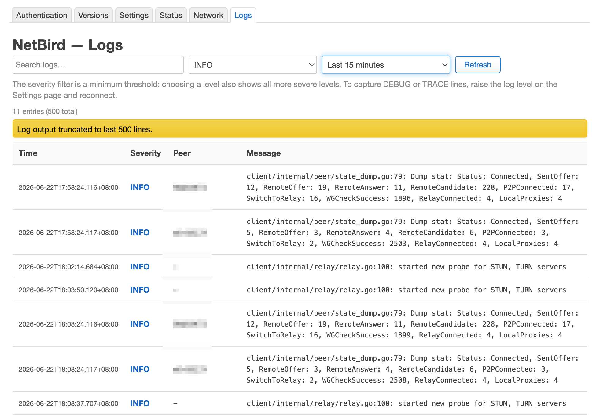 NetBird LuCI live logs — daemon output