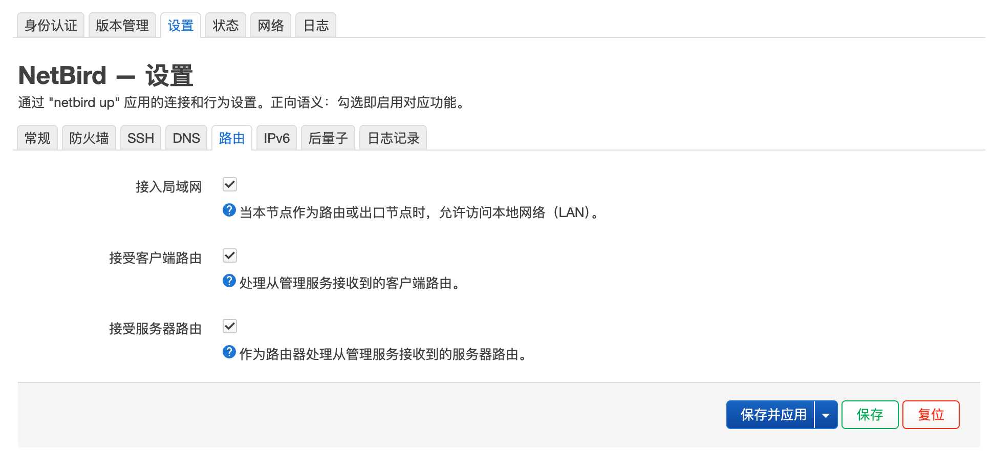 NetBird LuCI 设置 — 日志层级和高级选项